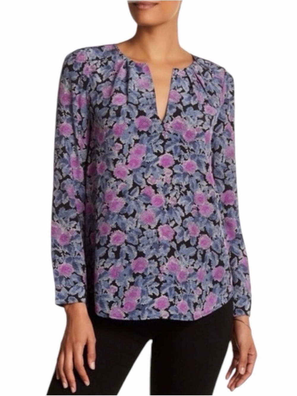 Joie Zahira Silk Floral Print Long Sleeve Split Neck Blouse in Purple Size XS